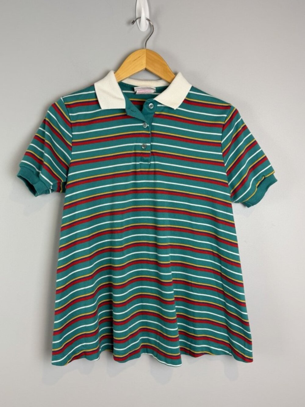 80s Maternity Polo Shirt Womens size Medium Collared Green Red Stripe Vintage